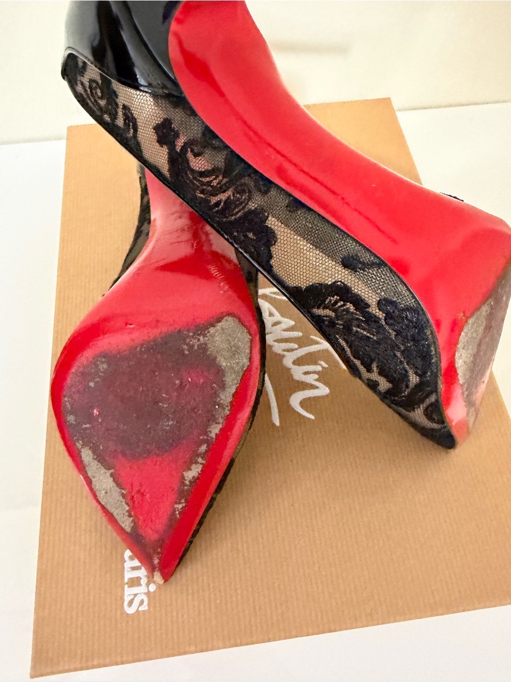 Christian Louboutin Black Lace & Patent Pointed-Toe Stilettos - Picture 8 of 8